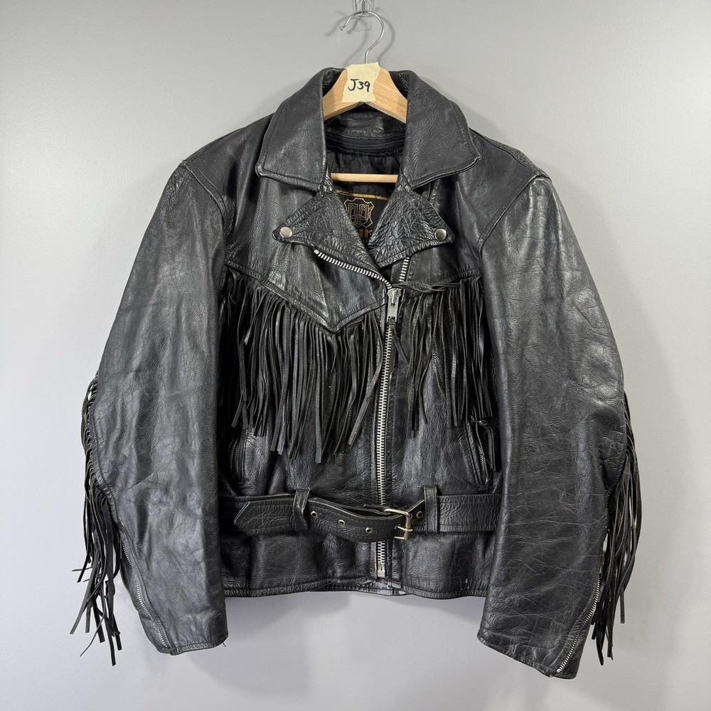 UNIK Leather Fringe Jacket Womens Medium Black Motorcycle Western Belted